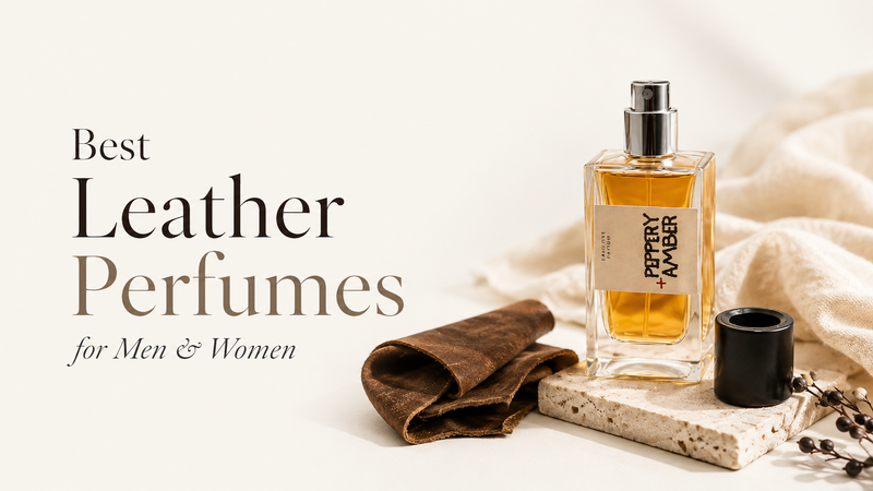 Peppery Amber perfume bottle by Signature Smithen styled with a leather swatch and cream fabric, for a guide to the best leather perfumes for men and women
