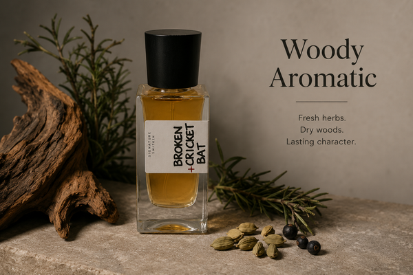 Amber glass perfume bottle surrounded by cedarwood, sandalwood and green aromatic herbs, representing a woody aromatic fragrance