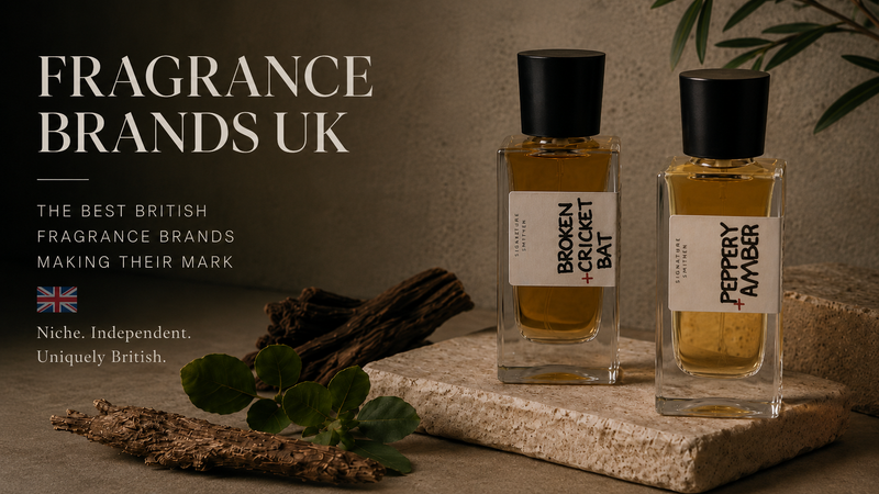 Signature Smithen's Broken Cricket Bat and Peppery Amber perfume bottles styled with cedarwood and greenery, with a UK flag icon, for a guide to the best British fragrance brands